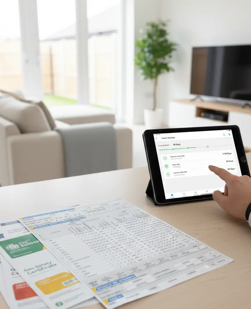 Landlord reviewing compliance certificates on a tablet showing EICR, Gas Safety, and EPC documents