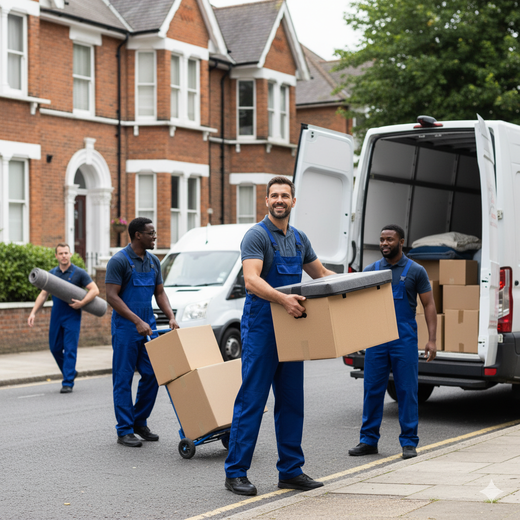 Professional moving team loading boxes into a van